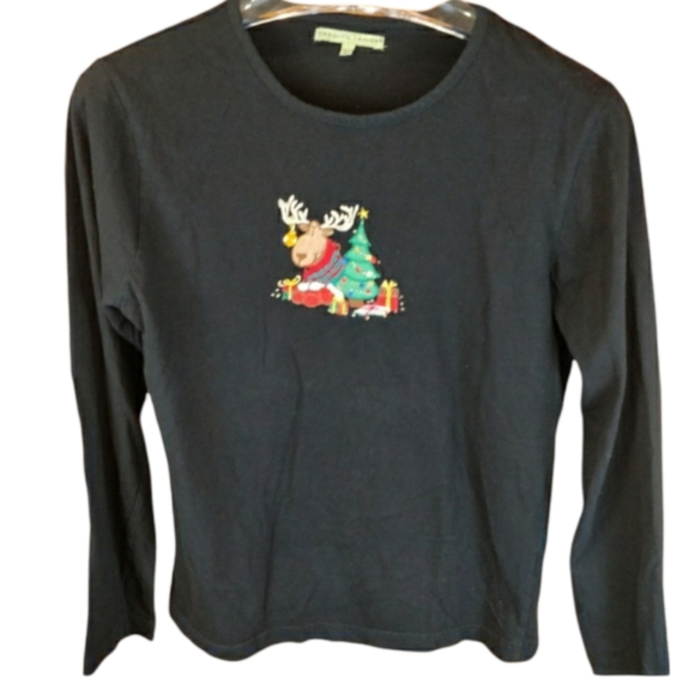 Carolyn Taylor Black Reindeer Holiday Top Long Sleeve Fun Christmas Large